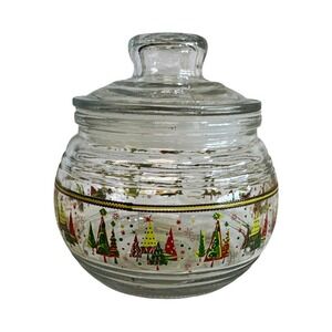 Greenbrier Christmas Tree Glass Candy Jar With Lid 4" Holiday Storage